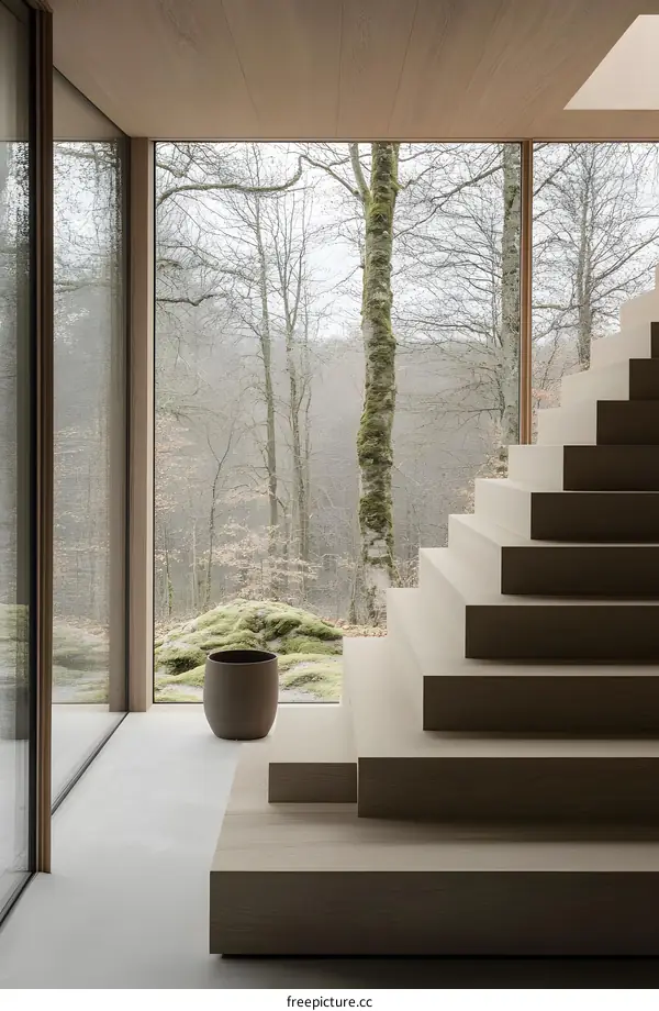 Minimalist Modern Home Design Staircase with Forest View