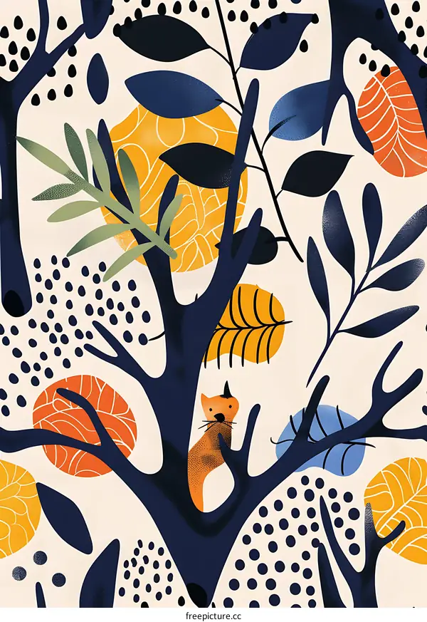 Abstract Cat Hiding in a Forest Illustration