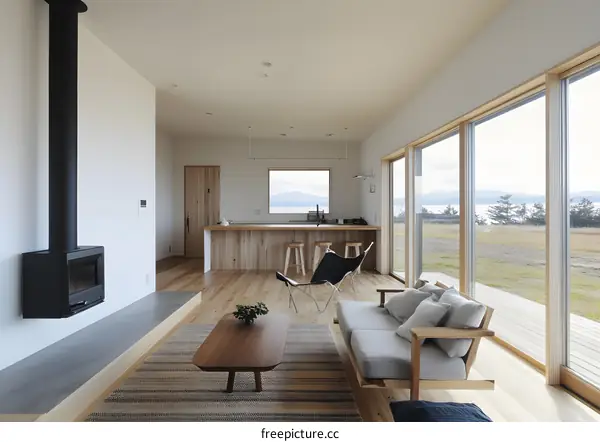 Modern Minimalist Living Room with Fireplace and View