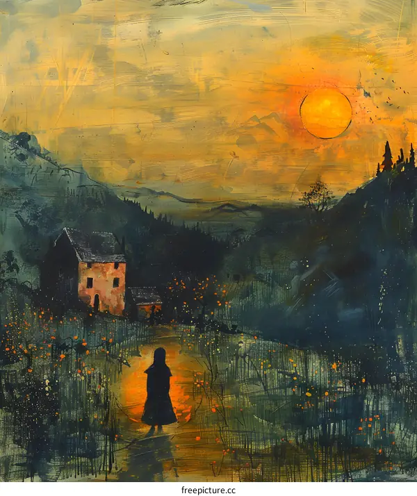 Woman Walking Home at Sunset