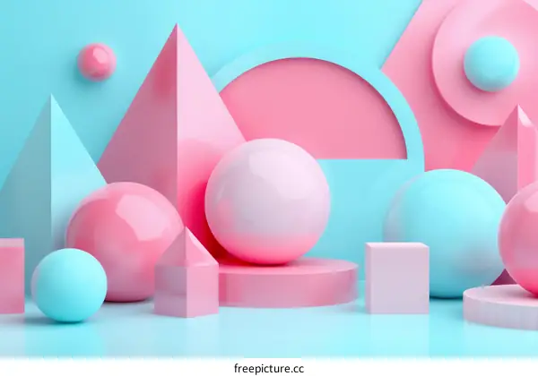 3D Pink and Blue Pastel Geometric Ball and Cube Composition