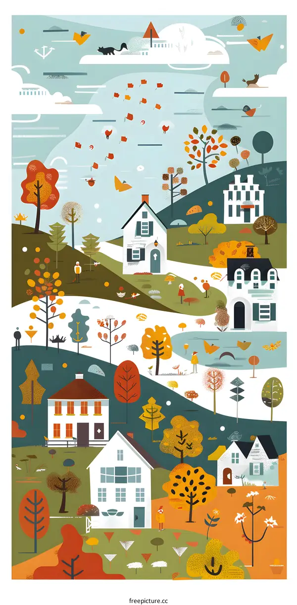 Autumn Village Illustration with People and Houses
