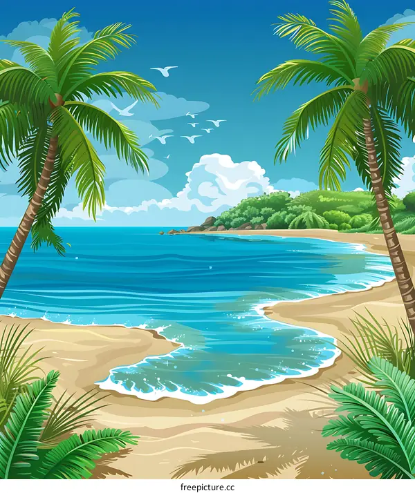 Tropical Beach with Palm Trees and Sea