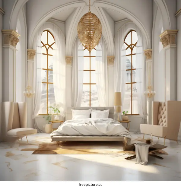 Bedroom interior design with large windows and a white bed