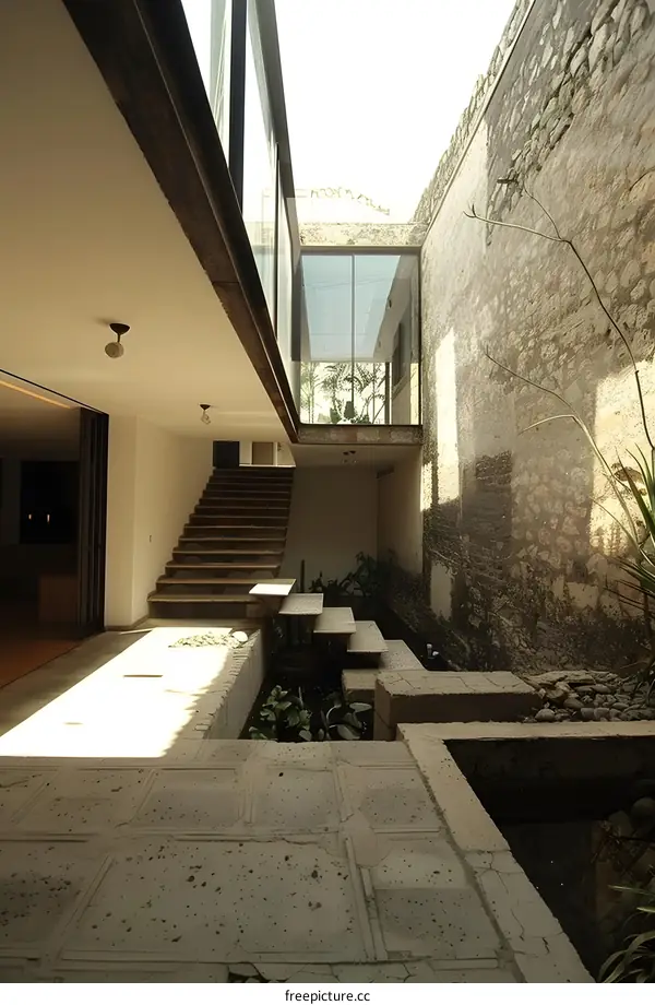 Modern Courtyard with Stone Walls and Steps