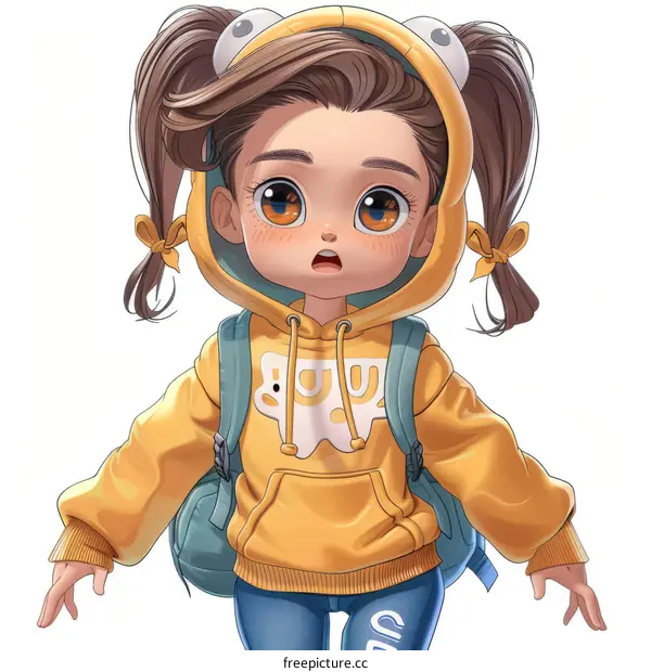 Little Girl Wearing a Yellow Hoodie and Backpack with a Surprised Expression on Her Face