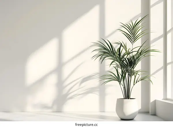 Minimalist White Interior with Green Plant and Sunlight