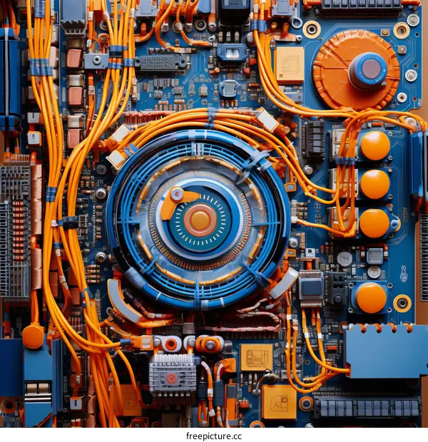 A close-up of a circuit board with orange and blue wires