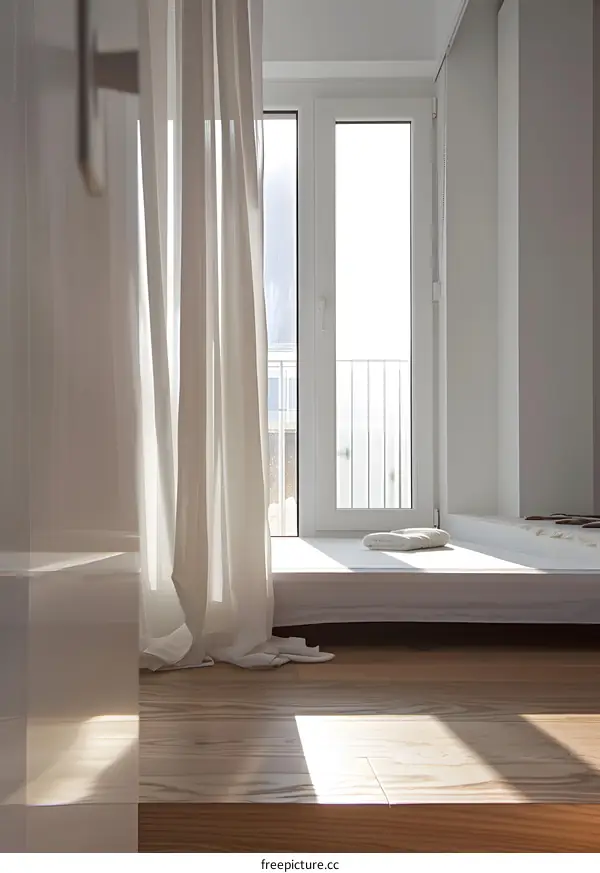 White Curtains and Wooden Floor in a Modern Room