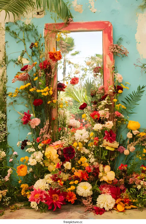 Colorful Flowers Around Old Mirror On Wall