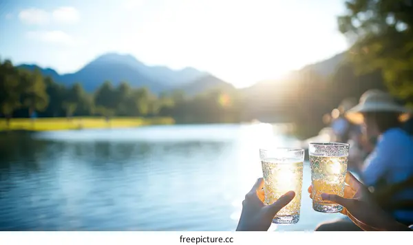 Cheers by the Lake at Sunset