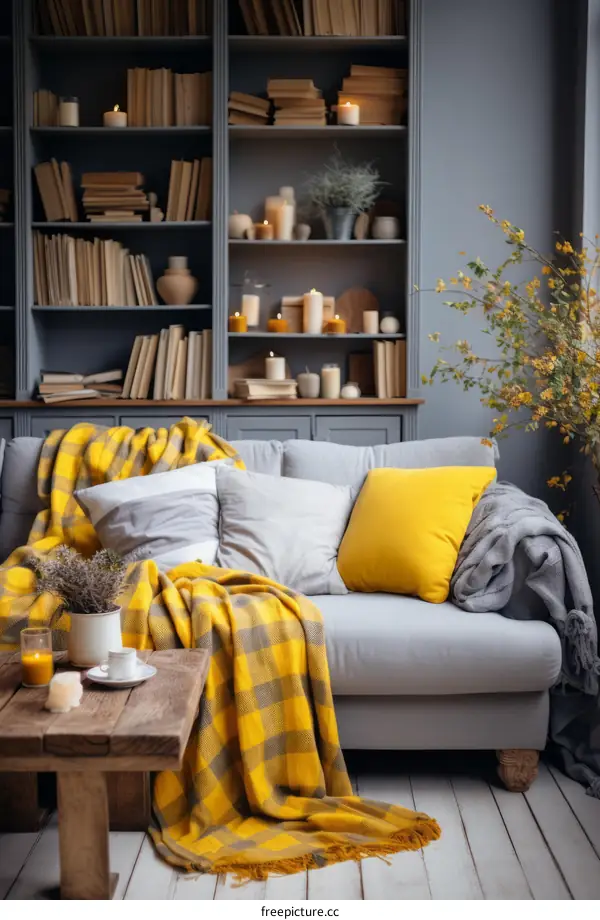 A cozy living room with a gray couch, yellow pillows, and a wooden coffee table
