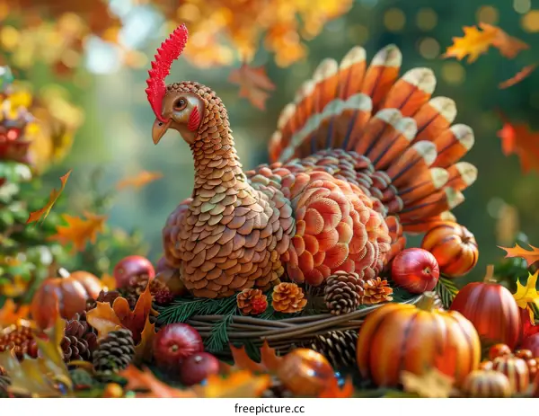 Thanksgiving Cornucopia with Turkey, Pumpkins, and Gourds