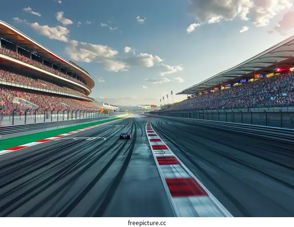 Formula One car racing down a track with grandstands full of spectators