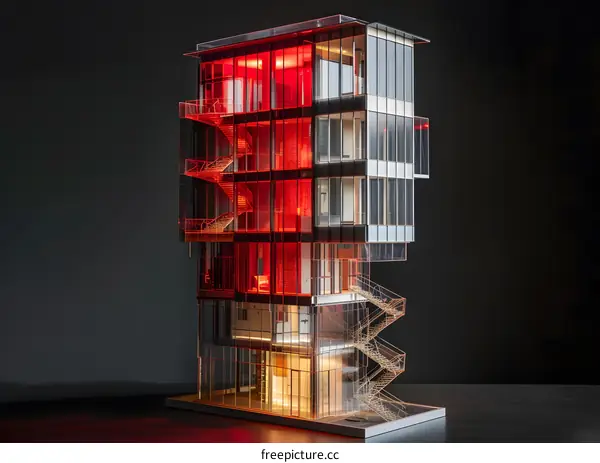 Modern Architecture Building Model with Red Lights