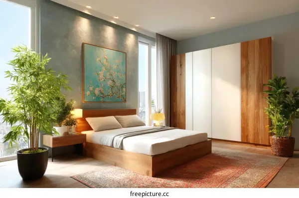 Modern Bedroom with Wooden Furniture and Plants