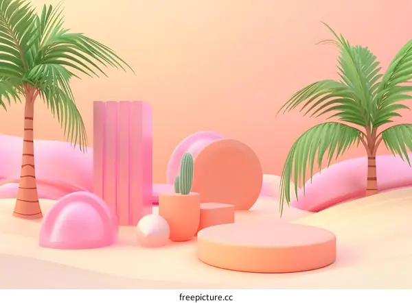Tropical Summer Scene with Palm Trees and Geometric Shapes
