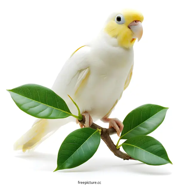 A white cockatiel bird perches on a branch with green leaves.