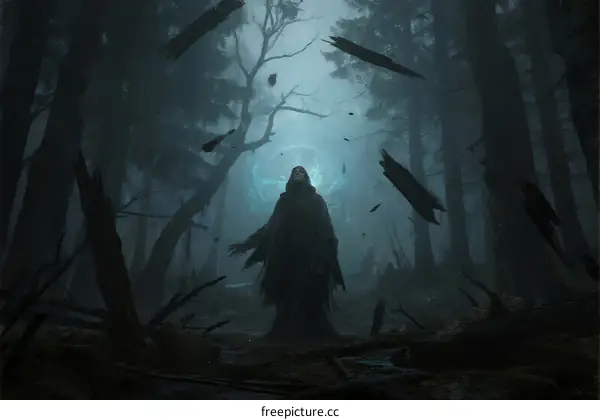 Mysterious Figure Standing in Dark Forest with Floating Objects