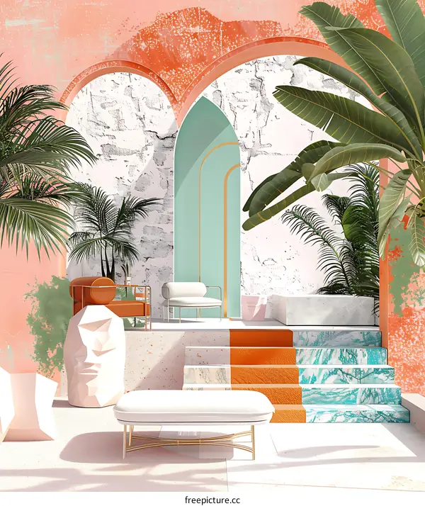 Minimalist Tropical Patio With Archway and Steps