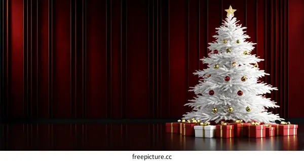 White Christmas Tree Decorated with Presents on Stage