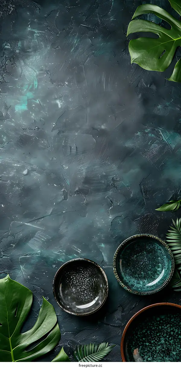 Green Leaves and Ceramic Bowls on a Dark Background
