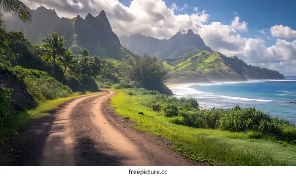 Scenic Dirt Road Winding Through Lush Tropical Landscape With Mountains And Ocean