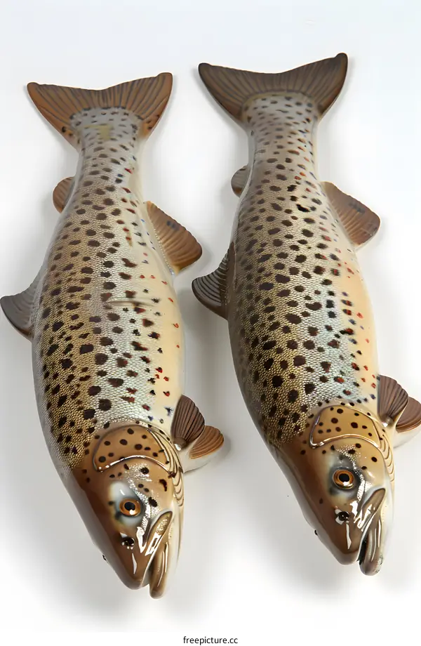 Two ceramic brown trout fish on white background