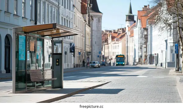 European City Street Scene with Bus Stop