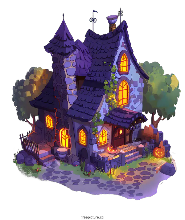 [Transparent Background PNG]Cartoon Illustration of a Stone Cottage with a Purple Roof and a Pumpkin on the Porch
