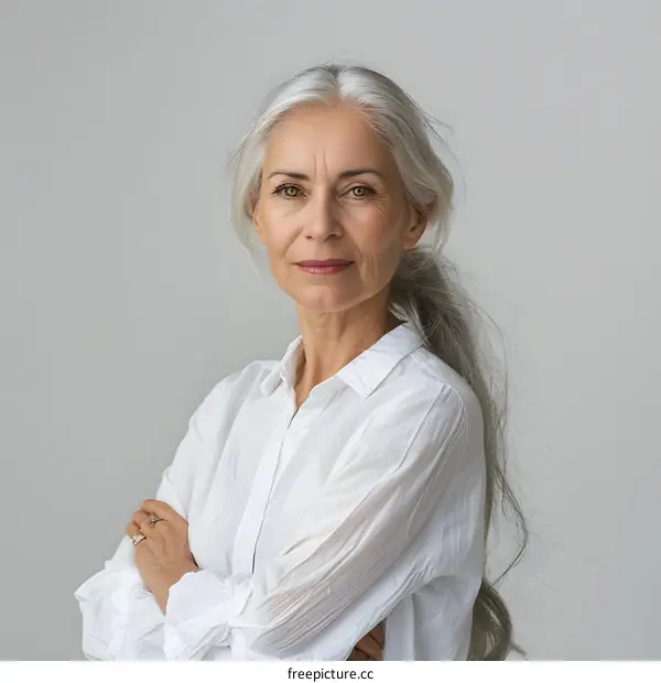 portrait of a beautiful mature woman with long white hair