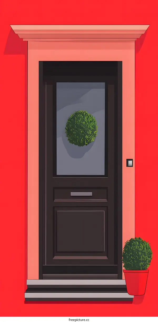 Modern Door With Wreath On Red Wall