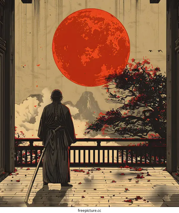A samurai stands on a balcony overlooking a city at night