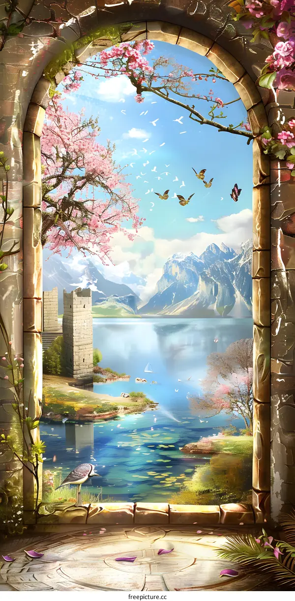 Stone Archway View of a Fantasy Landscape with Mountains and a Lake