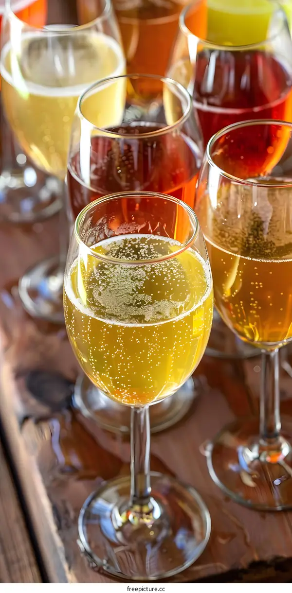 Close Up of Assorted Drinks in Glass Goblets on a Wooden Surface