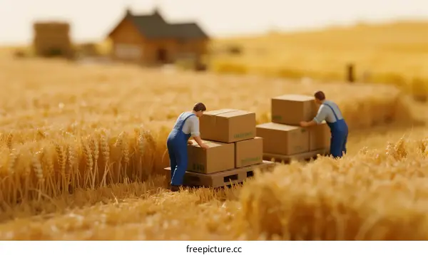 Miniature Workers Handling Boxes in Golden Wheat Field
