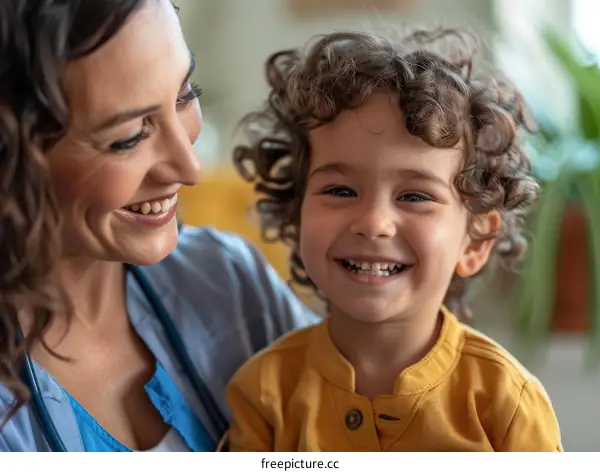 Pediatrician examining a smiling toddler boy