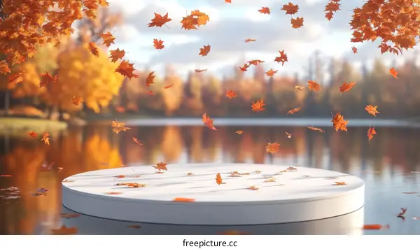 Autumn Leaves Falling on a White Round Stage