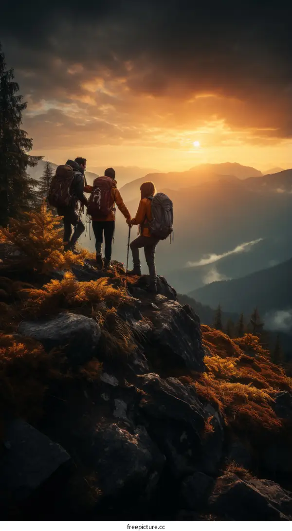 Three hikers on a mountaintop at sunset
