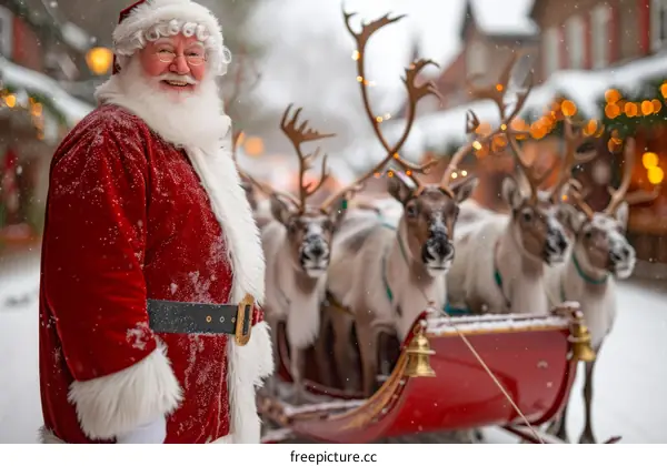 Santa Claus with his reindeer in a snowy village