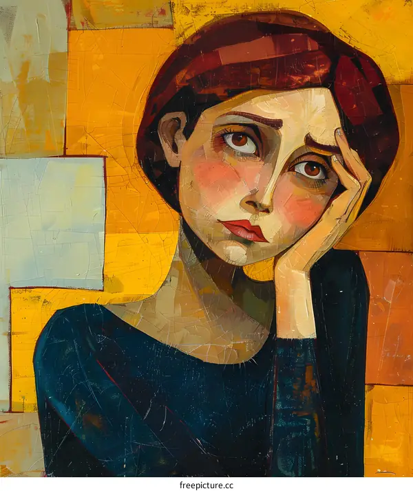 A portrait of a sad looking woman with short brown hair wearing a blue shirt