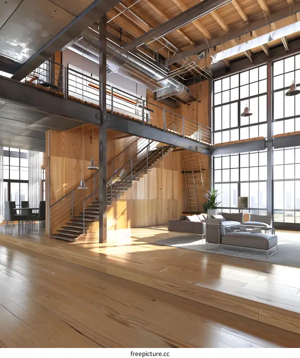 Modern Loft Interior Design With Wooden Staircase And Large Windows