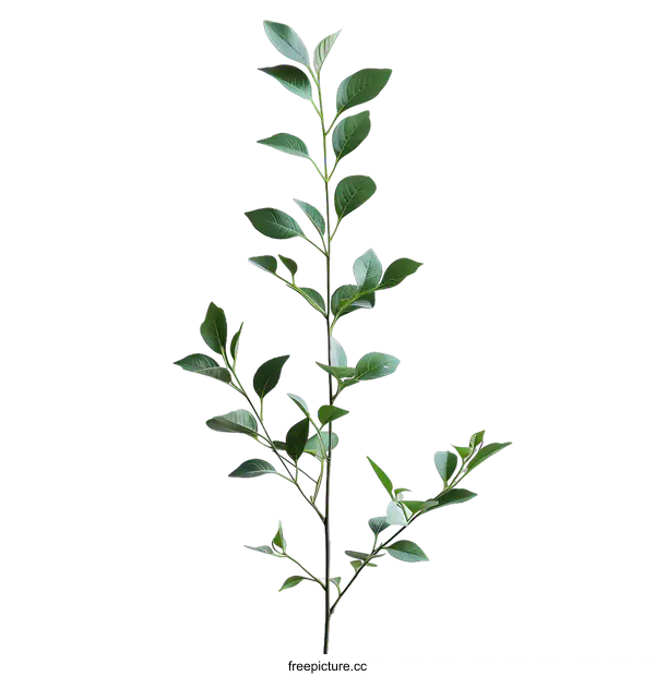 [Transparent Background PNG]Single stem with green leaves on a white background
