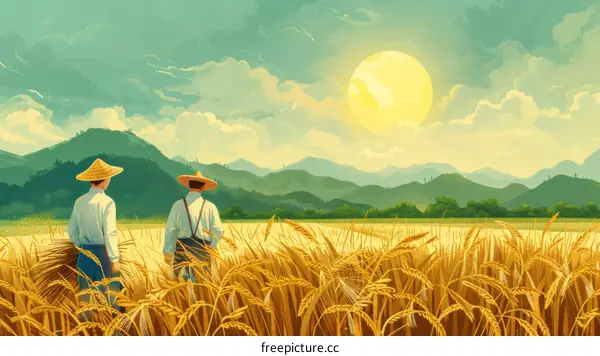 Two Asian farmers in a golden wheat field under the sunlight