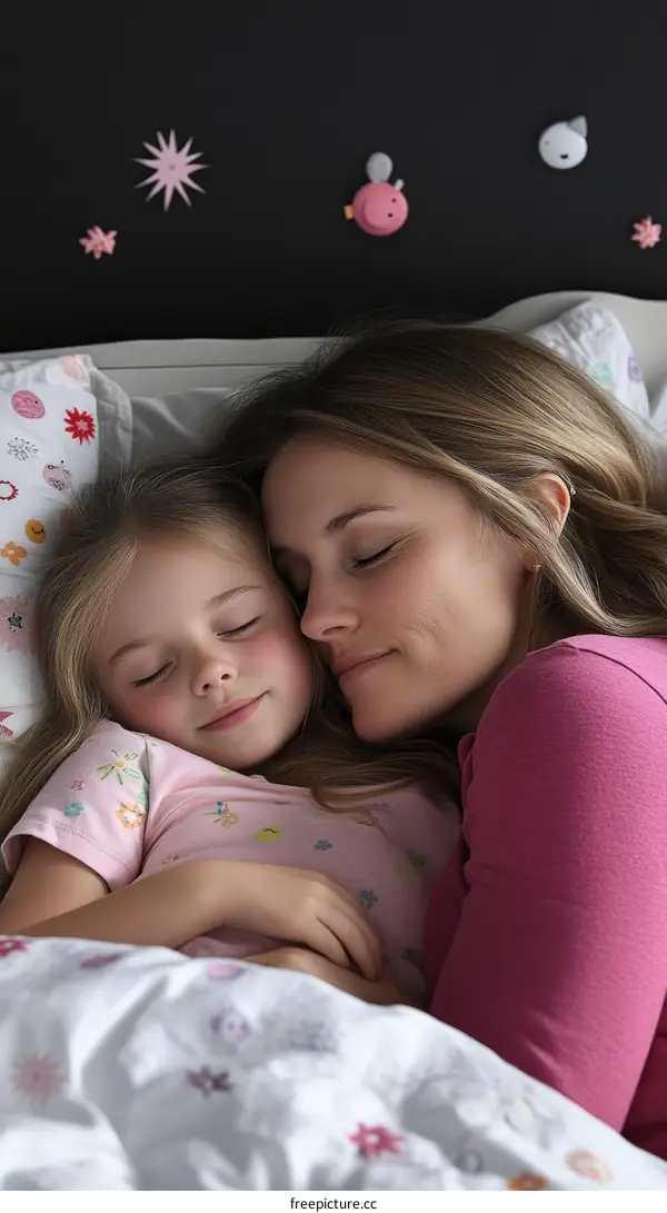 Mother and Daughter Sleeping in Bed
