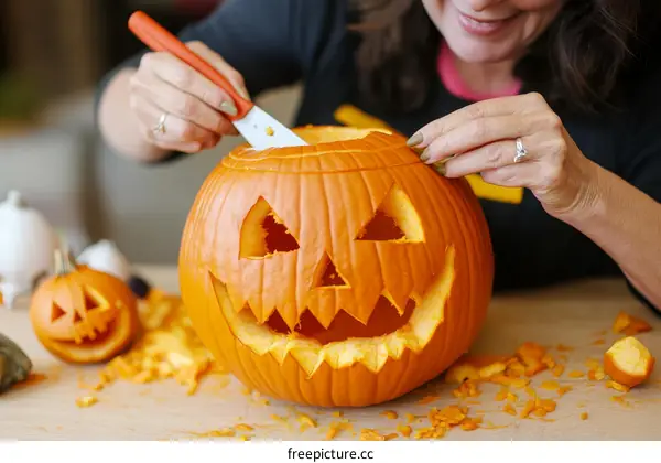 Halloween Pumpkin Carving  Process with Female Carver