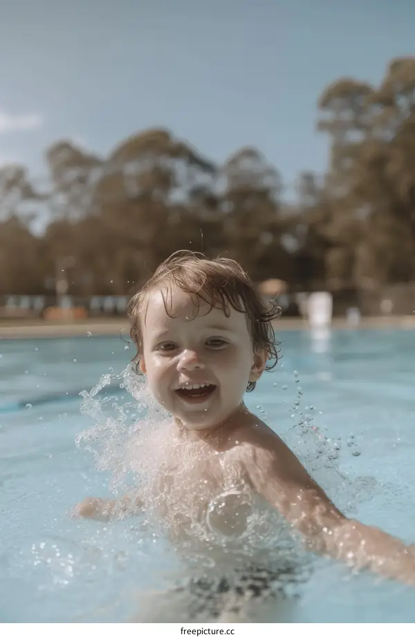 toddler boy playing in the swimming pool