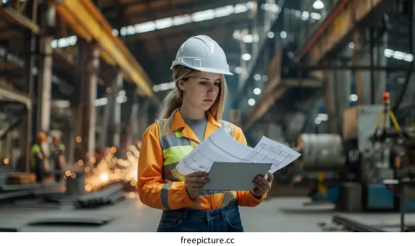 A female engineer wearing a hard hat and safety vest reviews blueprints in a factory