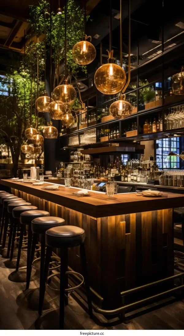 Modern bar interior with hanging lights