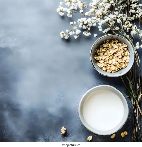 Oatmeal with Milk and Flowers on a Grey Background